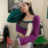 Y2K Plaid Knit Crop Sweater Women Harajuku Korean Style Patchwork Jumper Vintage Long Sleeve Pullover Casual Tops