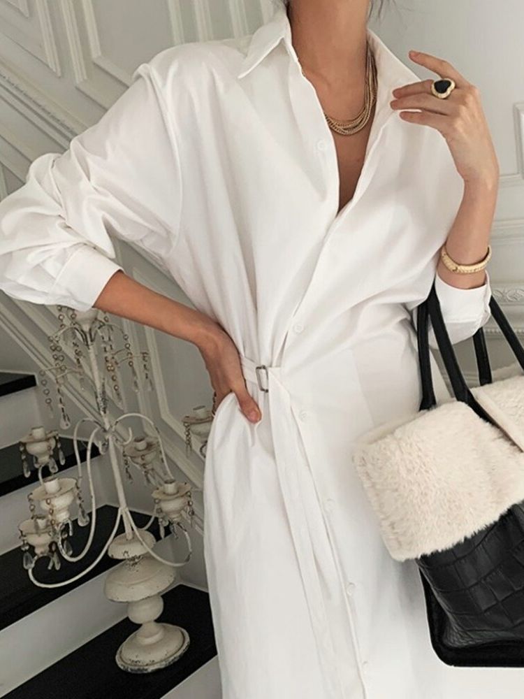 Women Spring  Summer Sashes A-line Shirt Dress Long Sleeve Turn Down Collar Solid Elegant Long Clothes