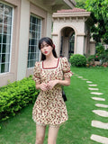 Floral Dress Summer  Sweet Kawaii Mini Dress Short Sleeve Elegant Vintage Ruffle Puff Sleeve Sundress Korean Fashion