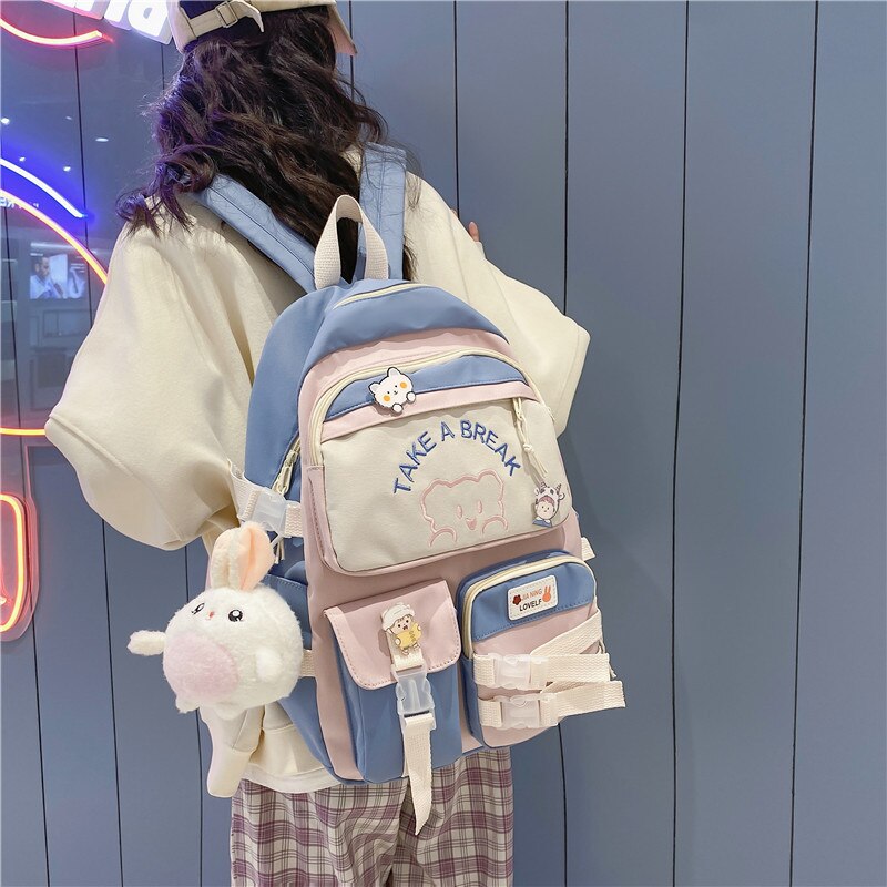 New Badge Buckle Backpack Women Waterproof Color Patchwork Backpacks For Teenage Girl School Bag Fancy Student Book Bag