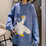 Deeptown Korean Style Kawaii Cartoon Goose Print Knitted Sweater Women Harajuku Oversize Crewneck Long Sleeve Jumper Pullover