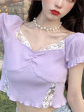 Lace Purple Korean Style Sweet Blouse Women Green Casual France Kawaii Blouse Female Bubble Sleeve Elegant Chic Tops Summer