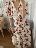 Summer Elegant Midi Dress For Women Boho One Piece New Ladies Rose Print Clothing Femme Fashion Vestidos
