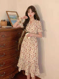 Drespot Mori Chiffon Floral Dress Women Casual Sundress Flower Print Kawaii Fairy Princess Dresses School  Summer Short Sleeve