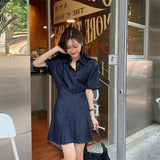 Vintage Short Sleeve Women Denim Dress  Spring New Short Skirt Blue Korean Fashion Polo Collar Streetwear Female  Jean Dress