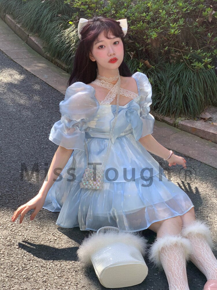 Blue Lolita Kawaii Dress Women Summer  Chiffon Korean Sexy Elegant Party Mini Dresses Lace Casual Cute Princess Fairy Dress