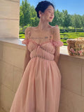 Summer Pink Casual Beach Fairy Dress  Boho France Elegant Strap Dress Women Chiffon Korean Style Sweet Party Midi Dress New