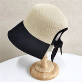 Kpop Big Wide Brim Beach Hat For Women Back Opening Patchwork Straw Hats Summer Adjustable Bow Sun Hat Girls Vacation Beach Hat