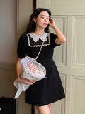 Black Elegant Dresses For Women  Summer Vintage Lace Patchwork Mini Dress Kawaii Puff Sleeve Korean Fashion Robe