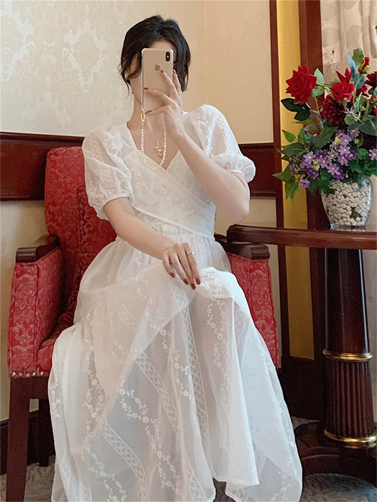 New Summer Women Fashion Elegant Puff-Sleeve Midi Dresses Lady One Piece Vintage Princess Female Party Clothes Vestdios