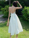 Drespot Summer Casual Backless Slip Dress Women  Holiday Vacation Wrap White Midi Dresses Elegant Sundress Solid Robes Female