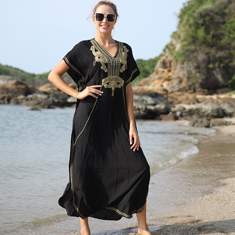 Vintage Embroidery Kaftan Sexy V-neck Batwing Sleeve High Waist Maxi Dress Tunic Women Clothing Summer Beach Dresses Q660