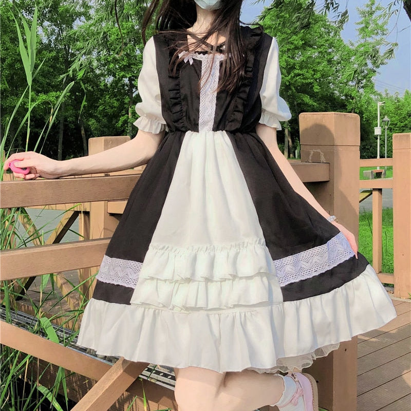 Drespot Kawaii Lolita Dress Women Pink Lace Patchwork Vintage Short Dress Japanese Sweet Puff Sleeve Fairy Gothic Maid Outfits