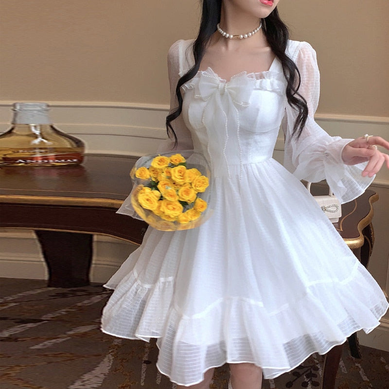 Drespot White Kawaii Dress Women Chiffon Lolita Style Long Sleeve Mini Dresses Bow Fairy Robe Ruffles Patchwork Square Collar