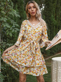 Drespot Yellow Floral Boho Dress  Spring Printing Stitching Lace Ruffled Casual Holiday Dress V-neck Flare Sleeve A-line Midi Dress