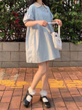 Drespot Summer Kawaii Cute Blue Dress Soft Girl School Bear Embroidery Puff Sleeve Polo Dresses Preppy Style Student  Summer