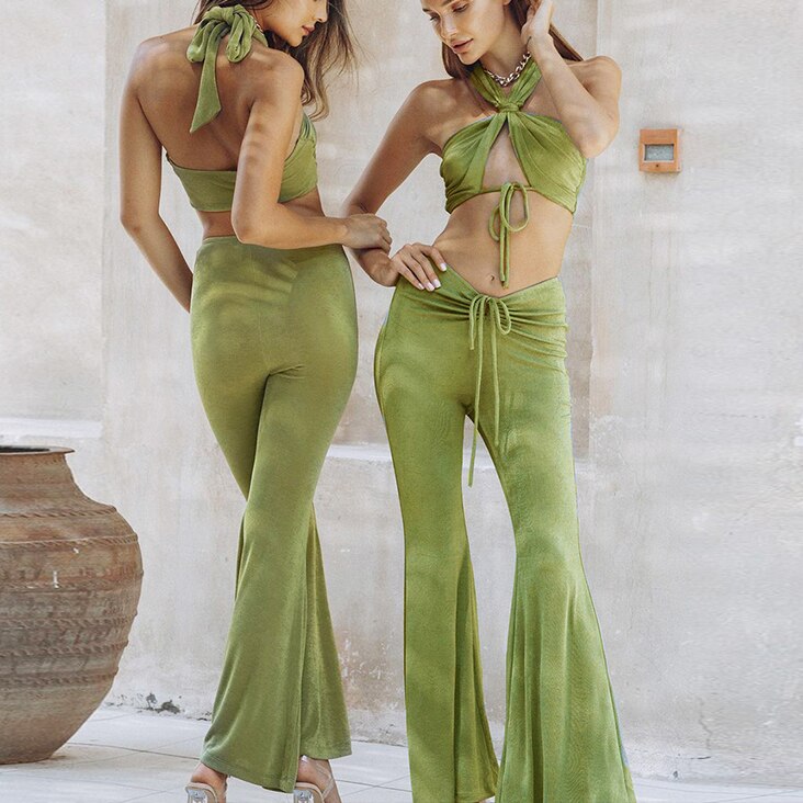 Drespot  Hollow Out Sleeveless Sexy Flare Pant Set Summer Women Green Backless Frills Bodycon Two Piece Sets Lace Up Long Set