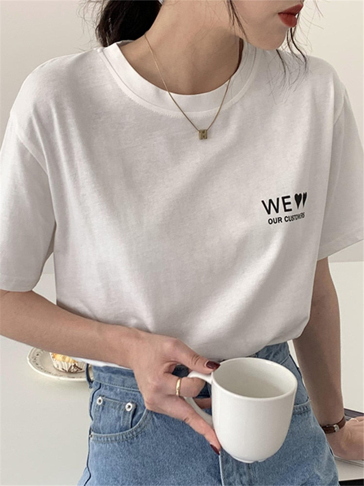 Drespot  New Summer Letter Printed Women's T-shirts 100% Cotton Chic Short Sleeve O-Neck Casual Female Basic White Tops