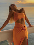 Backless Midi Dress Sexy Orange One Shoulder Slim Summer Dress for women Elegant Hollow Club Party Dresses Beachwear  New