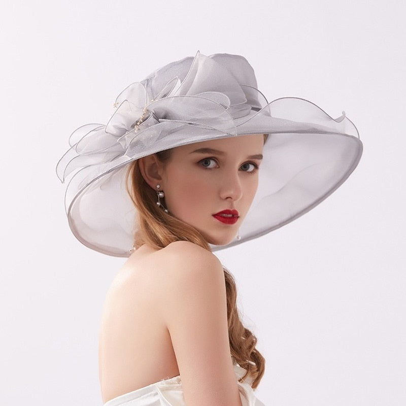 Kentucky Derby Floral Big Brim Hat Women's Organza Wedding Headwear Hat Elegant Foldable SunHat Beach with Beaded Festival hat