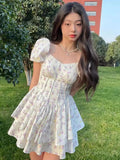 Drespot Floral Dress Women Summer  Sweet Short Sleeve Mini Dress Elegant Square Collar Puff Sleeve Korean Fashion Streetwear