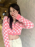 Drespot Y2K Preppy Style Pink Cardigan Women Harajuku Plaid Knitted Sweater V-Neck Slim Long Sleeve Crop Tops Korean Fashion