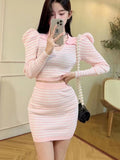 Drespot  Spring Sweet Knitted 2 Piece Set Women Crop Top + Bodycon Mini Skirts Sets Stripe Short Cardigan & Skirt Tracksuits Sweat Suits