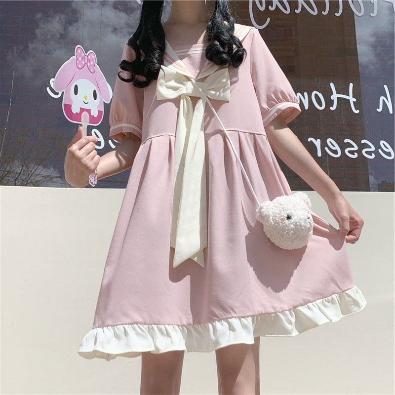 Drespot Pink Lolita Dress Kawaii Bow Sailor Collar Cute Sundress Japanese Sweet Girl   Summer Dresses Women Preppy Style