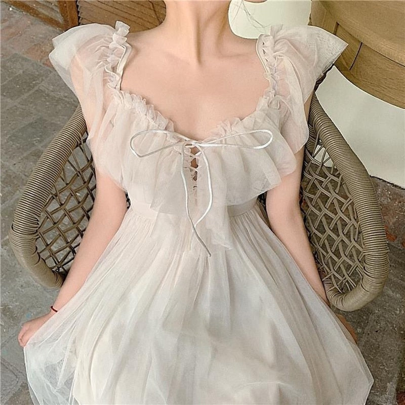 Drespot Sweet Kawaii Fairy Princess Mesh Dress Elegant White Spaghetti Strap Off Shoulder Party Dresses Woman  Vacation