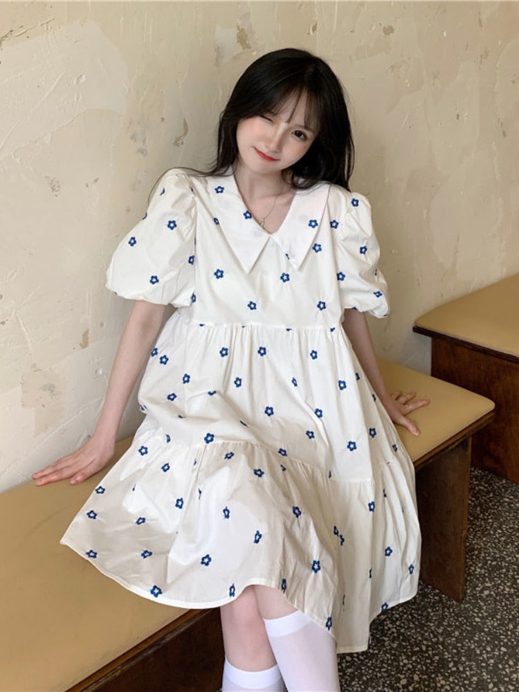 Kawaii Floral Dress Women Summer Sweet Preppy Style Puff Sleeve Korean Fashion Short Dresses Loose Casual Elegant Robe