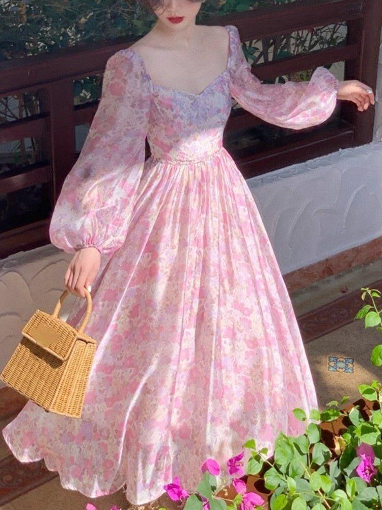 Drespot  French Vintage Long Sleeve Dress Woman Fairy Elegnat Floral Midi Dress Evening Party One Piece Korean  Summer Chiffon Beach
