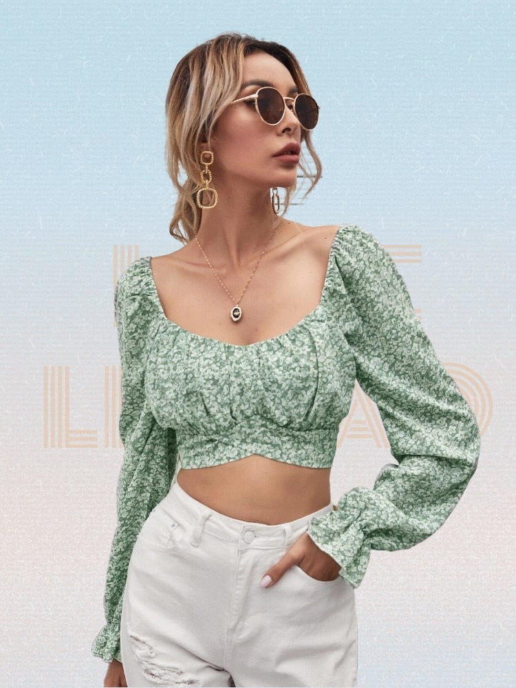 Drespot Prairie Chic Slim Chiffon Blouses Square Collar Butterfly Sleeve Backless Single-piece Set Sweet Top Spring  Pullover Tops