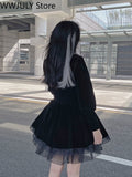 Drespot   Spring Black Velvet Y2k Mini Dress Woman Gothic Kawaii Lolita Dress Party Long Sleeve Korean Fashion Dress Lace Design Slim