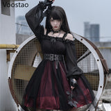 Drespot Vintage Gothic Lolita Dress Victorian Harajuku Girly Killer Irregular Mesh Dress Cosplay Women Kawaii Long Sleeve Party Dresses