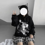 Gothic Streetwear Anime Print Hoodies Women Harajuku Hip Hop Oversized Black Sweatshirts Crewneck Loose Tops Emo Punk