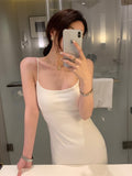 Drespot Summer New Women Spaghetti Strap Party Dress Sleeveless Sexy Bodycon Split Solid Slim Lady Midi Fashion White Dresses