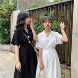 Drespot Korean Short Sleeve Dress Women Summer Casual Wrap Midi Dresses Japanese Harajuku Notched Button Robes  Kpop