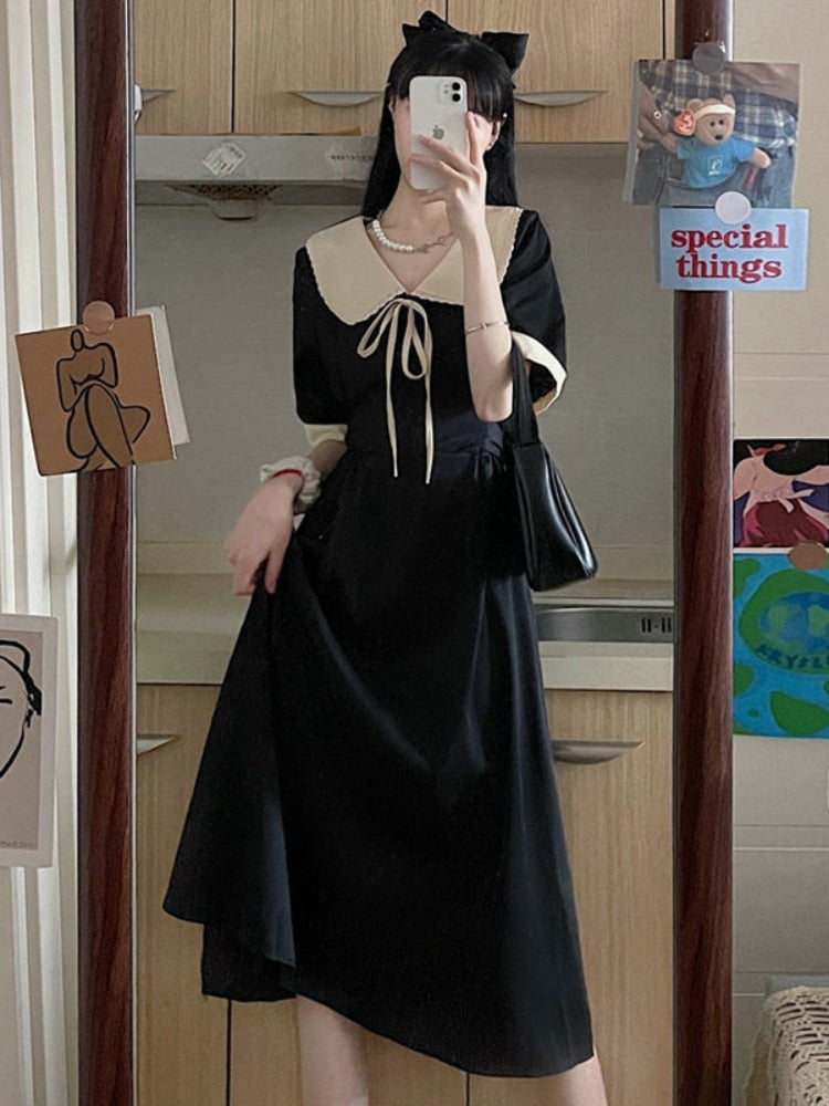 Drespot Black Kawaii Dress Women Preppy Style Peter Pan Collar  Summer Short Sleeve Lace Patchwork Elegant Vintage Sundress