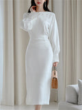 Drespot Women Chic Design Midi Dress Elegant Casual Office Lady High Wasit Fashion Slim Long sleeve Slit Dress