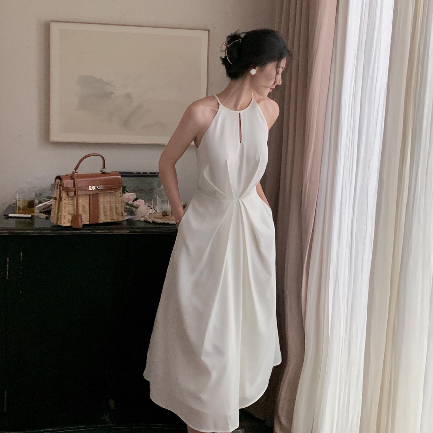 Vintage Solid Sleeveless Chiffon Dress for Women Elegant Female White Dresses Korean Fashion Vestidos Suspenders Summer  New