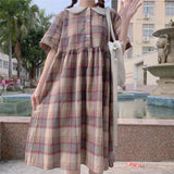 Drespot Kawaii Plaid Dress Women Perppy Style Peter Pan Collar Summer Dresses Loose Casual Japanese Sweet Cute Sundress