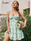 Drespot Spaghetti Strap Green Corset Print Mini Dress Summer Women Ruffle Lace Up Frills Dress High Waist Holiday Beach Vestido