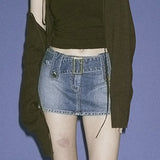 Women's Jeans Mini Skirts  Low Waist Belt Blue Denim Skirt Woman Korean Straight Distressed Bottoms Mujer  Harajuku