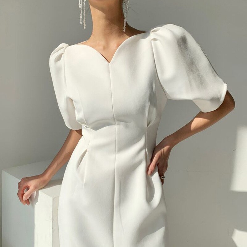 Elegant Dress for Women  Summer Puff Sleeve V-Neck Evening Party Ladies Vintage Slim Waist Split Fashion Midi White Dresses