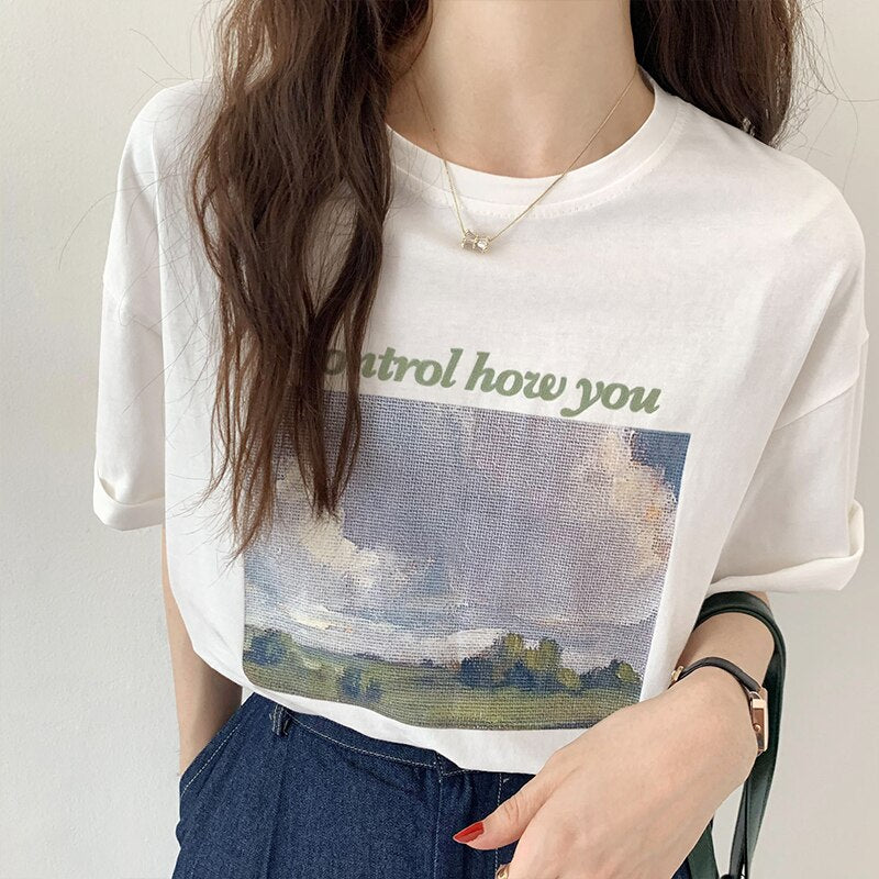 Drespot Summer  New Classic Oil Painting Women's T-shirts Letter Chic O-Neck Short Sleeve Casual Loose Female Basic Tops