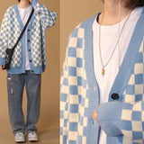 Korean Fashion Plaid Cardigan Sweater Women Japanese Style Oversized V-neck Knitted Jumper Female Vintage Autumn Coats