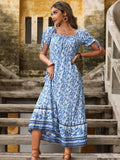 Drespot Vintage Dress Women Summer Blue Print Slim High Waist Slash Neck Long Dress Viscose Boho Maxi Dress Elastic Waist Dresses