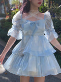 Blue Lolita Kawaii Dress Women Summer  Chiffon Korean Sexy Elegant Party Mini Dresses Lace Casual Cute Princess Fairy Dress