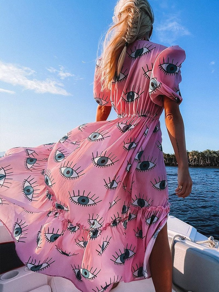 Wrinkle-free Pink Eyes Chiffon Dresses Sexy Short Sleeve  Summer Beach Dress Women Beach Wear Swim Suit Cover Up D1