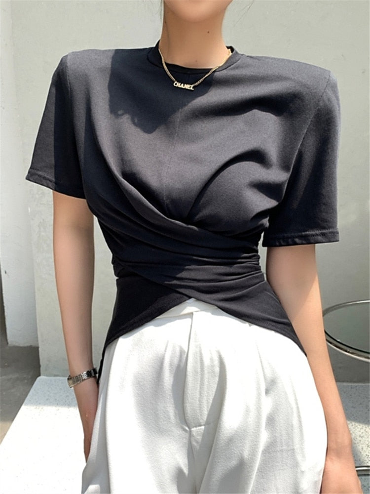 Drespot Summer  New Chic Irregular Women's T-Shirts Shoulder Pads Front Cross O-Neck Short Sleeve Female Casual Shirts Tops